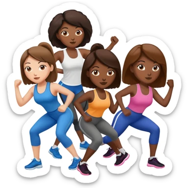 three women friends exercising together, one black woman with brown hair, two white women with brown hair sticker