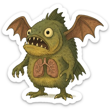 piranha with bat wings, clawed feet, furry texture, arms, chest showing lungs, ghibli style sticker