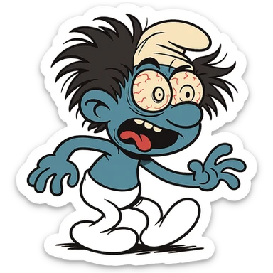 a smurf character with exaggerated, wild eyes and messy hair, looking disheveled and hyperactive, cartoon style sticker