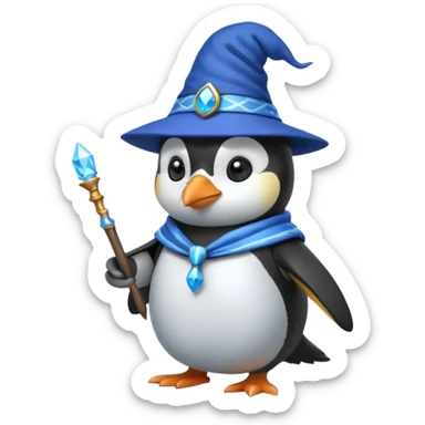 A penguin wizard with a blue hat and a magic wand sticker