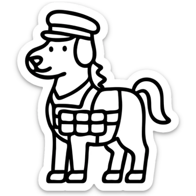 A whimsical horse with a dog's face wearing a soldier's hat and military gear sticker