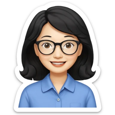 60 yr old asian woman, wavy thick black hair past shoulder length, side part, side swept bang, big smile, collared shirt, long hair, glasses sticker