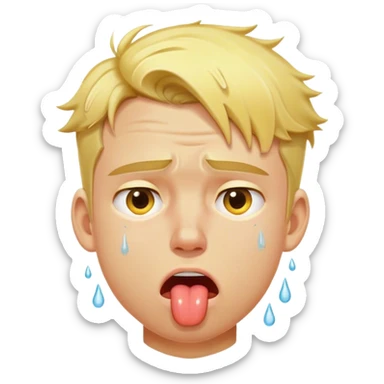 The image depicts a young man with yellow-toned skin and blond hair. His face looks extremely exhausted, with his tongue sticking out and large sweat drops running down his forehead and cheeks. His expression and posture convey intense heat and discomfort. sticker