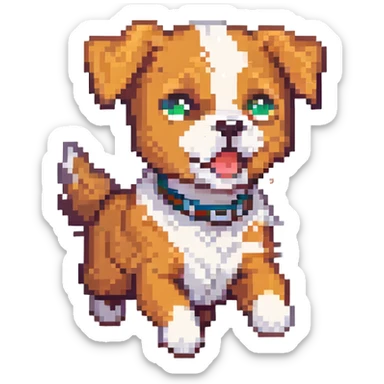a very cute dog running, pixel art style, chibi proportions, energetic pose sticker