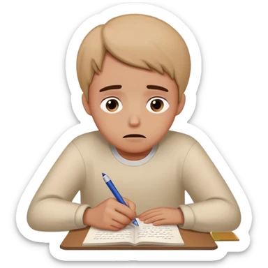 Person with worried expression writing "Dear God" on essay sticker