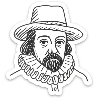 a hand drawn black outline portrait of philosopher Francis Bacon with similar-sized eyes based a famous portrait of him sticker