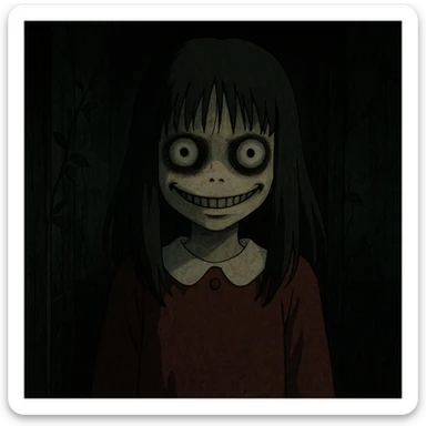 creepy girl, horror style, unsettling expression, dark atmosphere sticker