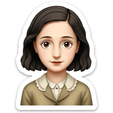 Anne Frank – Cinematic Realistic Portrait of Anne Frank, depicted with a reflective, gentle expression in period clothing, her eyes conveying hope and resilience, rendered with soft, natural lighting and delicate textures that capture the poignancy of her legacy. sticker