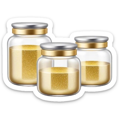 Cinematic Realistic Glitter Jars, elegant glass containers filled with ultra-fine shimmering gold and silver dust, light catching the tiny specks in a mesmerizing glow, slightly open lids revealing the rich, sparkling texture inside, set against a softly blurred background, radiating a sense of enchantment and wonder. sticker