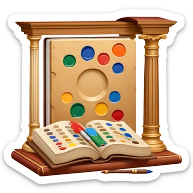 An icon featuring a paint palette, a sculpture, and a book, symbolizing the study of culture and art. The design includes a classical column and a canvas, representing art history and cultural exploration. Transparent background highlights the connection between creativity and history. sticker