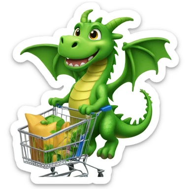 cute green dragon pushing a shopping car sticker