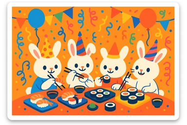 four bunny rabbits eating sushi at a birthday party, festive, colorful, cute, party hats, birthday decorations sticker