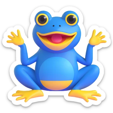 blue frog, sitting pose, exaggerated yellow mouth, wide eyes, cute and silly, appealing to children, no accessories sticker