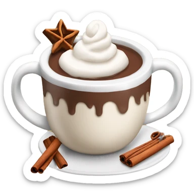Decorated Christmas mug of hot chocolate with whipped cream and cinnamon sticker
