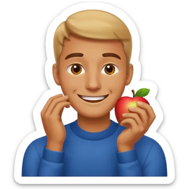 Apple emoji man smiling with hands on his neck sticker