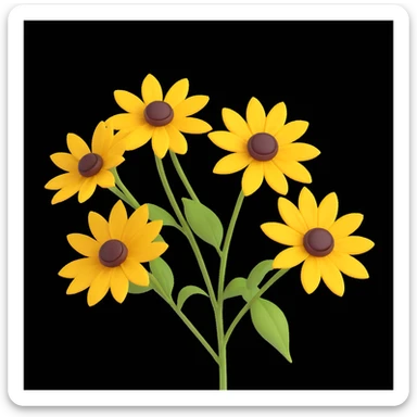 yellow rudbeckia flower with brown center and green stem in 3D iOS style on white background sticker