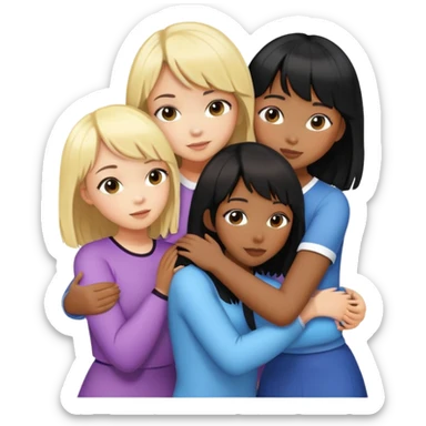 Black girl with slight wavy hair a Asian girl with blonde hair a white girl with brunette girl shoulder length hair and slightly tanned girl with black short hair and fringe all hugging sticker