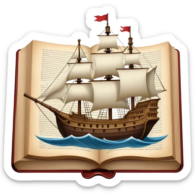 Icon for Reading Fiction: a large open book with pages turning into a sailing ship, with musketeers on horseback, and Sherlock Holmes with a magnifying glass standing nearby. The icon should evoke the adventure and romance of exploring fictional worlds. Transparent background. sticker