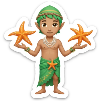 elf male Sarong with bioluminescent embroidery, armful of starfish, hair in a braid with pearl pins, pixel art style sticker