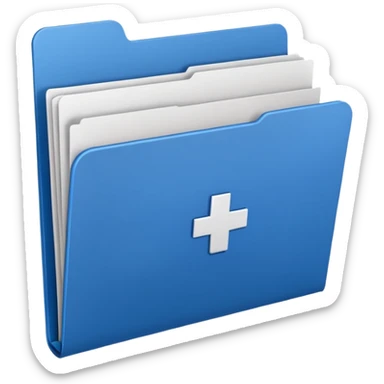 A simple emoji-style icon of a blue multipocket folder, clean and minimal, with layered inner tabs, subtle shading, and a small health/medical documents symbol on the front sticker