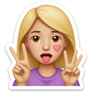 Emoji face crying while doing a kissy face holding up the peace sign sticker