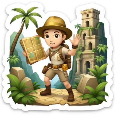An icon featuring an adventurer in a dynamic action pose, with treasure maps, ancient ruins, and jungle landscapes in the background. The design includes clues, hidden passages, and climbing gear, symbolizing the thrill of exploration and discovery. Transparent background. sticker
