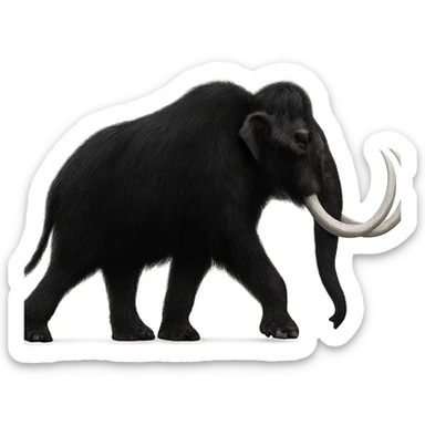 profile side view of a wooly mammoth with black fur and white tusks, walking mid stride, no background sticker