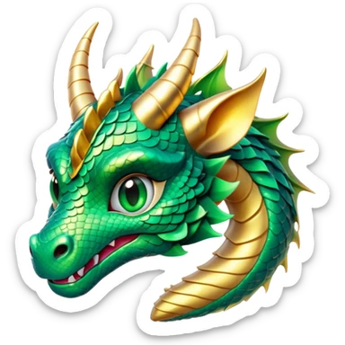 Cinematic Cute Dragon Portrait Emoji, Head tilted playfully and inquisitively, featuring a sleek, serpentine form adorned with iridescent scales that shift between emerald and gold, a delicate set of subtle horns, and round, sparkling eyes full of curious magic; rendered with realistic detail and warm natural light, high shine, affectionate and enchanting, styled with a touch of whimsical fantasy, soft glowing outline, capturing the essence of a mischievous yet lovable dragon that seems poised to slither playfully into your arms! sticker