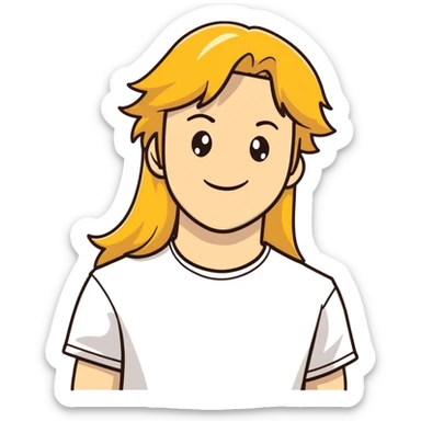 A young man with long golden hair in a white T-shirt smiles sticker
