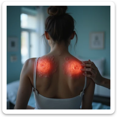 hyperrealistic 4K image of a woman seen from behind with inflamed shoulder blades, red and swollen skin between the shoulder blades, medical environment, variant 6 with slightly changed hand position sticker