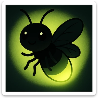 Edit the image to make the glowing light a bright light green and make the bug's body more black, while keeping the cute cartoon style intact. sticker