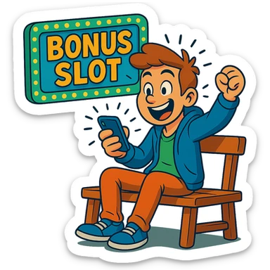 Make the person on the bench look super excited and happy while glancing at the phone, with animated gestures and a big smile. Keep the style consistent with the original and maintain a transparent background. sticker