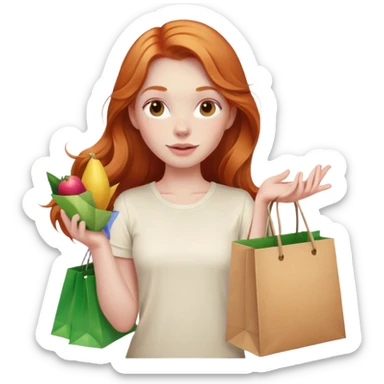 Beautiful Shopping ginger girl pink cheeks long hair holding bags cream shirt sticker