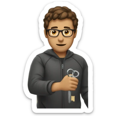 brown-short-haired man with glasses, struggling to fit a key into a lock door sticker