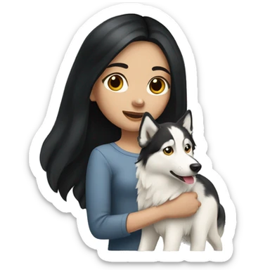 Pale girl with long black hair holding Alaskan husky sticker