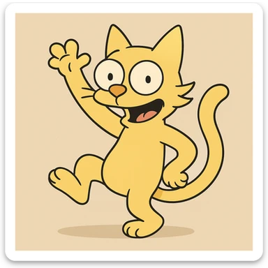 cat in the style of The Simpsons, playful pose, yellow fur, cartoonish, big eyes, simple background sticker