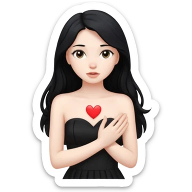 Pale girl with long black hair and black strapless dress with hands over her heart sticker