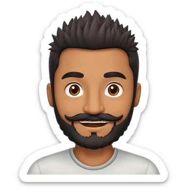 brown dad with slighlty grey bushy beard with brown skin and brown eyes and spiky black hair with a black moustache smiling sticker