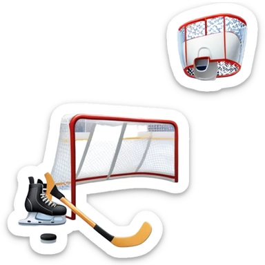 An icon showing a close-up of a hockey stick, puck, skates, and hockey net placed on the ice. The background features a packed stadium with bright lights, cheering fans, and snowy scenery outside. Transparent background highlights the key elements of the game. sticker