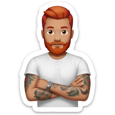 a guy with red beard red hair slick back white tshirt and tattoos oldschool on his arms sticker