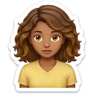  a kinda brown skin girl with brown wavy hair with highlights with brown eyes with a light yellow shirt sticker