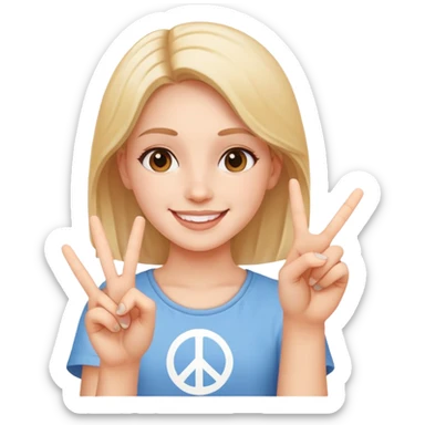 girl smiling holding up peace sign sticker