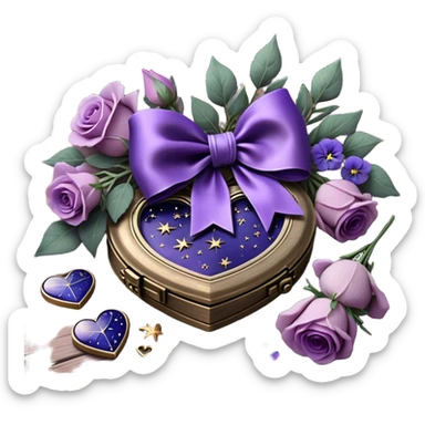 A midnight purple silk bow wraps around a bundle of wilted lavender sprigs, velvety pansies, and blush-violet roses, resting on an aged wooden table. Nearby, an antique silver locket shaped like a heart, engraved with tiny celestial stars, glistens faintly under the dim candlelight. sticker