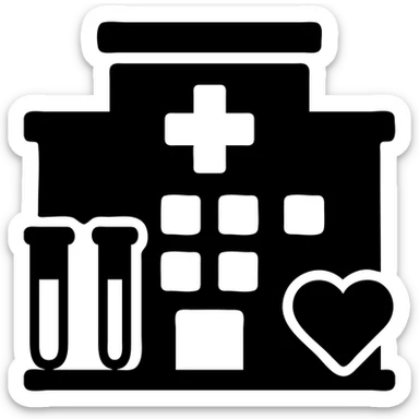 Modern clinic building facade with a red cross medical symbol, test tubes and a small heart icon, clean professional medical facility sticker