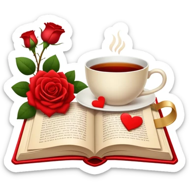 Icon for Romance Reading: an open book with a heart-shaped bookmark, surrounded by roses, a love letter, and a cup of tea. The icon should evoke the warmth, passion, and emotional depth of a love story. Transparent background sticker