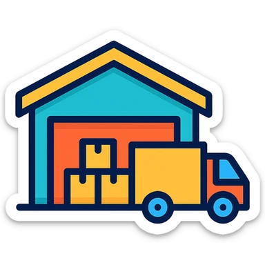 a warehouse with a delivery truck sticker