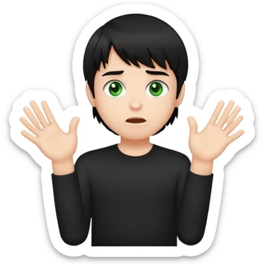 Black-haired boy with front bangs, green eyes, black shirt, hands up in a confused emoji pose sticker