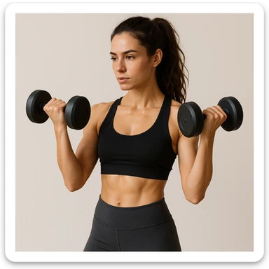 workout girl with brown hair, lifting dumbbells, sporty attire, minimal background sticker
