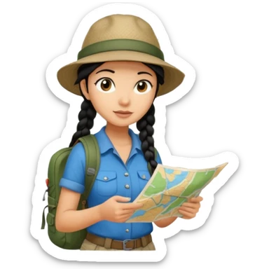 A braid black hair backpacking woman checking her map with curious eyes while walking in the woods with camping hat full body sticker