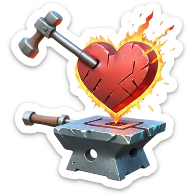 Heart being reforged on an anvil, sparks frozen mid-air sticker